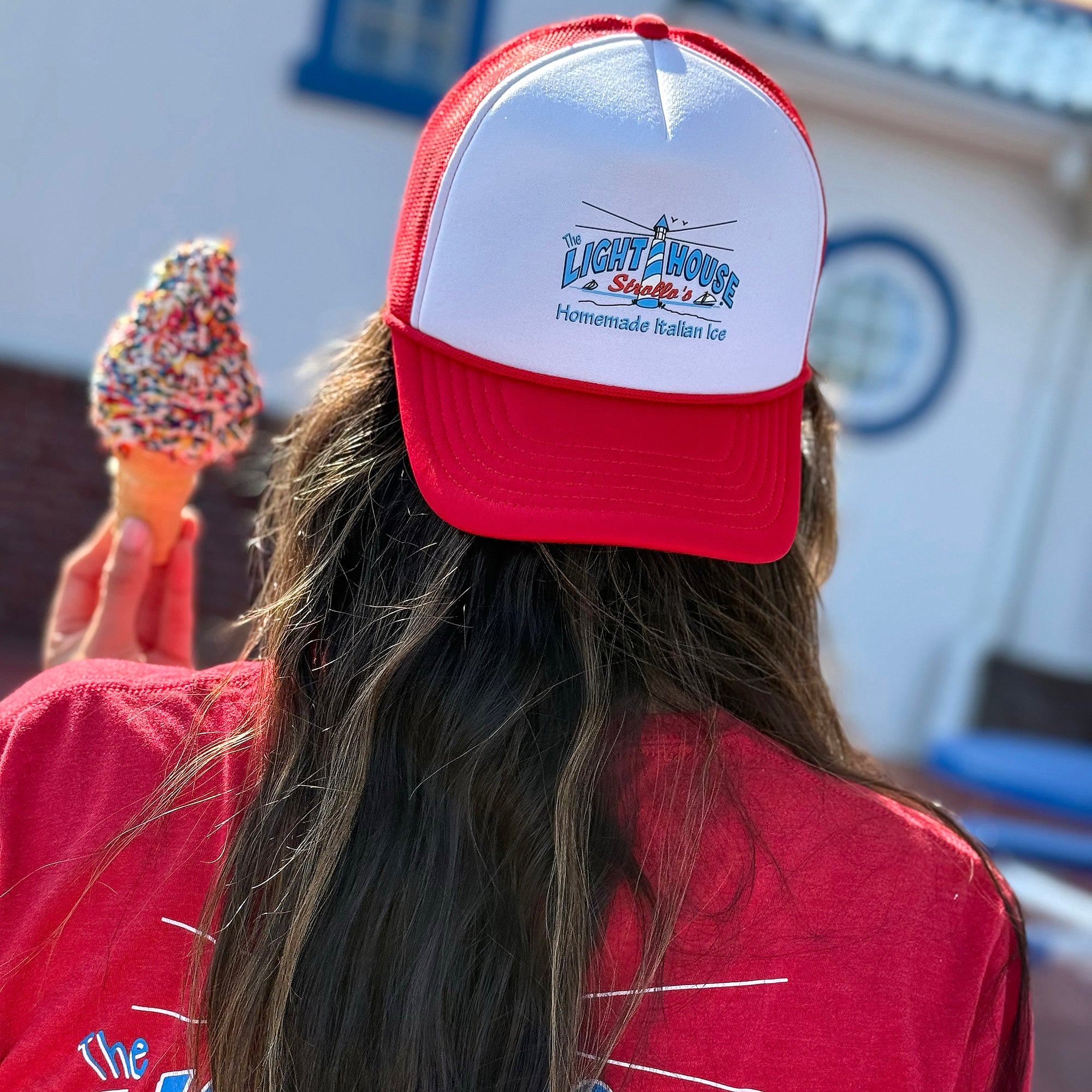 Strollo's Lighthouse Red Trucker Hat