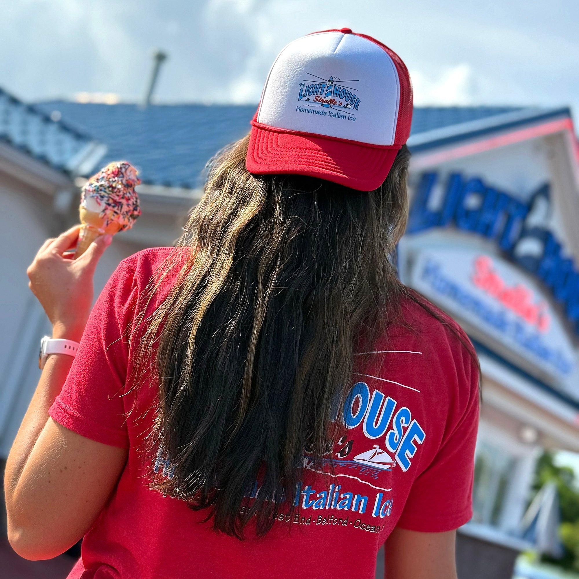 Strollo's Lighthouse Red Trucker Hat