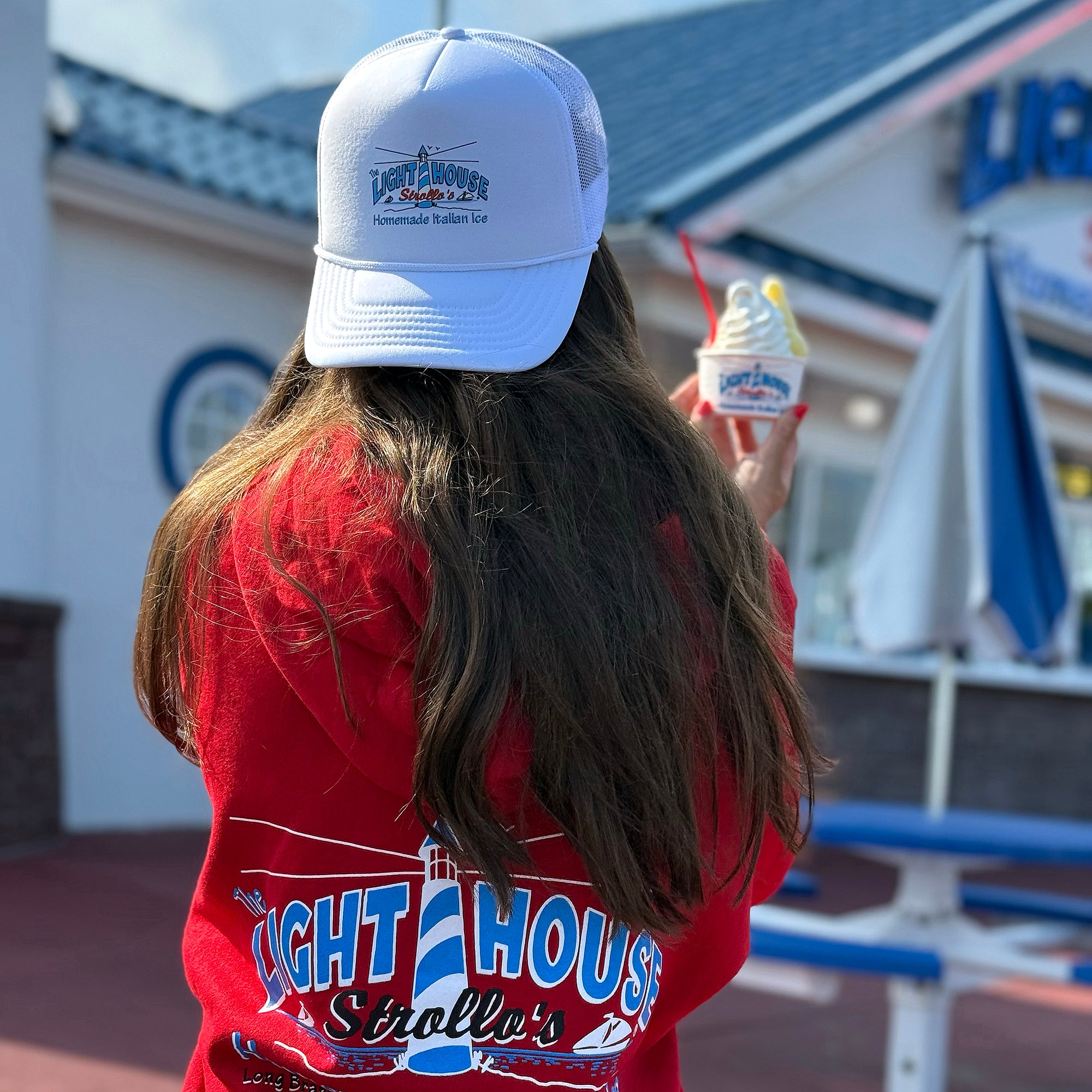 Strollo's Lighthouse White Trucker Hat