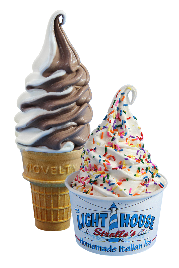 A Strollo's Lighthouse vanilla chocolate twist soft service ice cream cone with a vanilla soft service ice cream cup with rainbow sprinkles