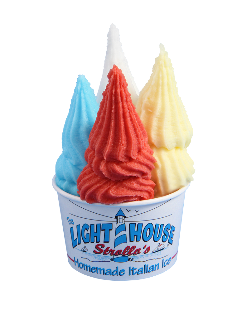 A Strollo's Lighthouse ice cream cup with blue, red, yellow, and white soft serve Italian Ice flavors
