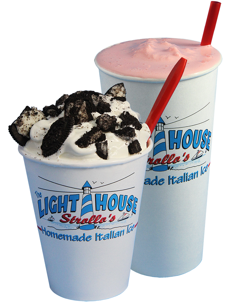 A Strollo's Lighthouse vanilla hurricane ice cream drink topped with Oreos and a strawberry milkshake