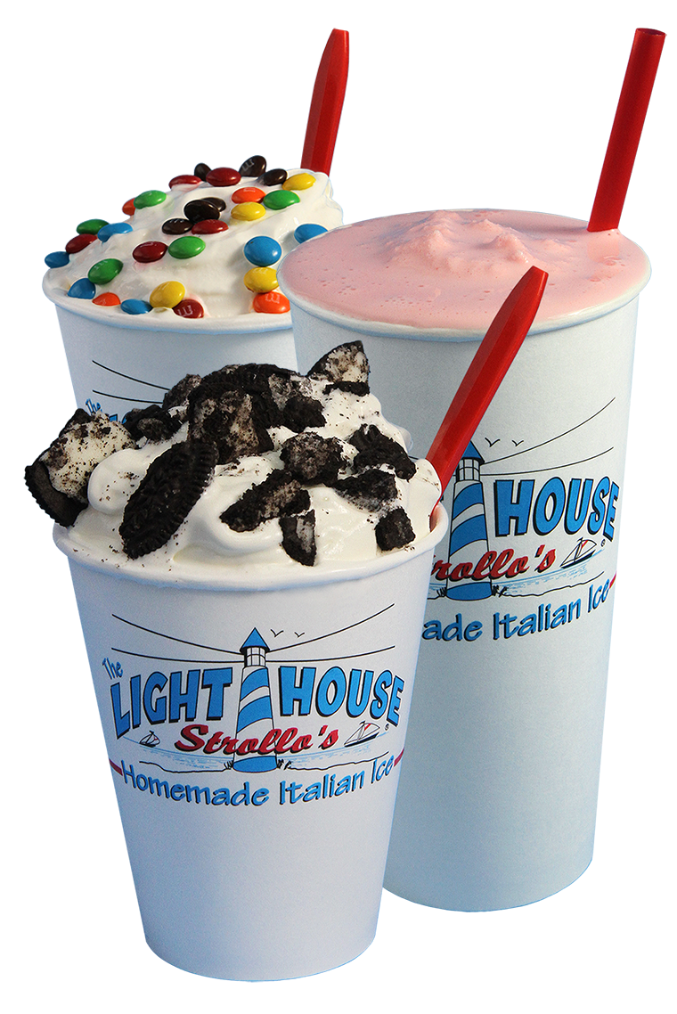 A Strollo's Lighthouse vanilla hurricane ice cream drink topped with Oreos and a strawberry milkshake