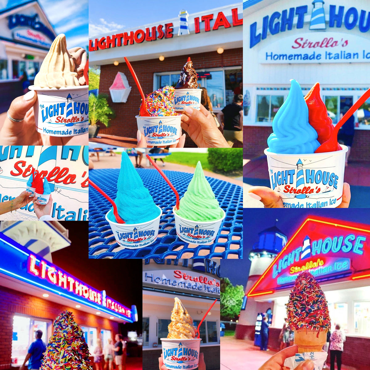 A collage of ice cream and homemade soft serve Italian Ice flavors in front of Strollo's Lighthouse locations