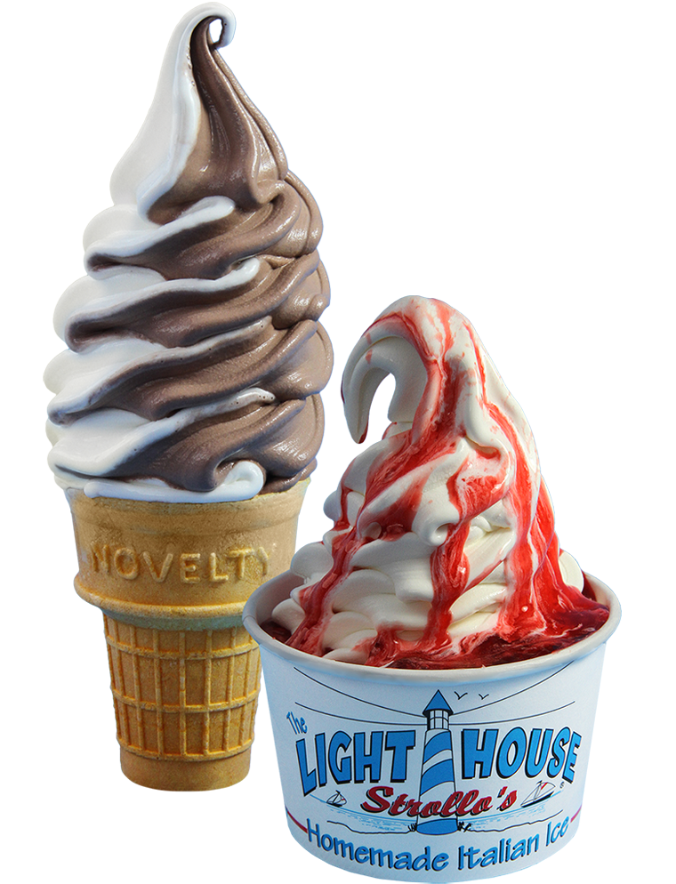A Strollo's Lighthouse vanilla chocolate twist soft serve ice cream in a wafer cone and vanilla soft serve with strawberry sauce in a cup.