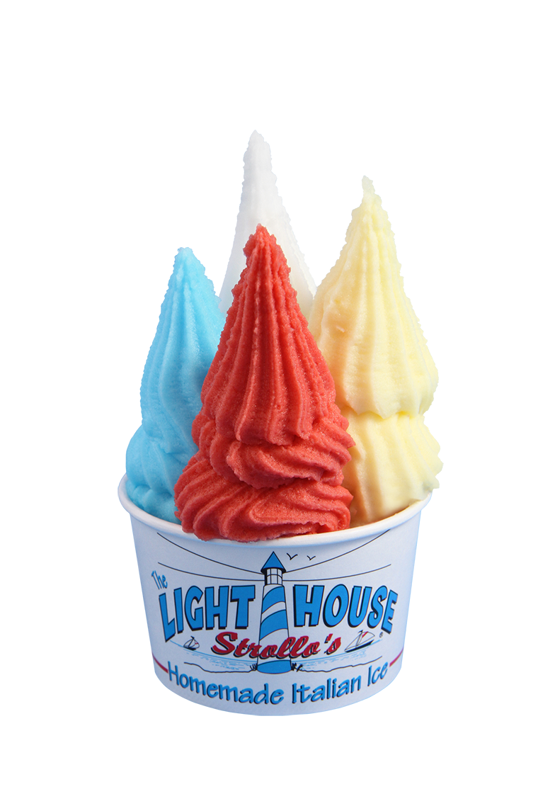 A Strollo's Lighthouse ice cream cup with blue, red, yellow, and white soft serve Italian Ice flavors