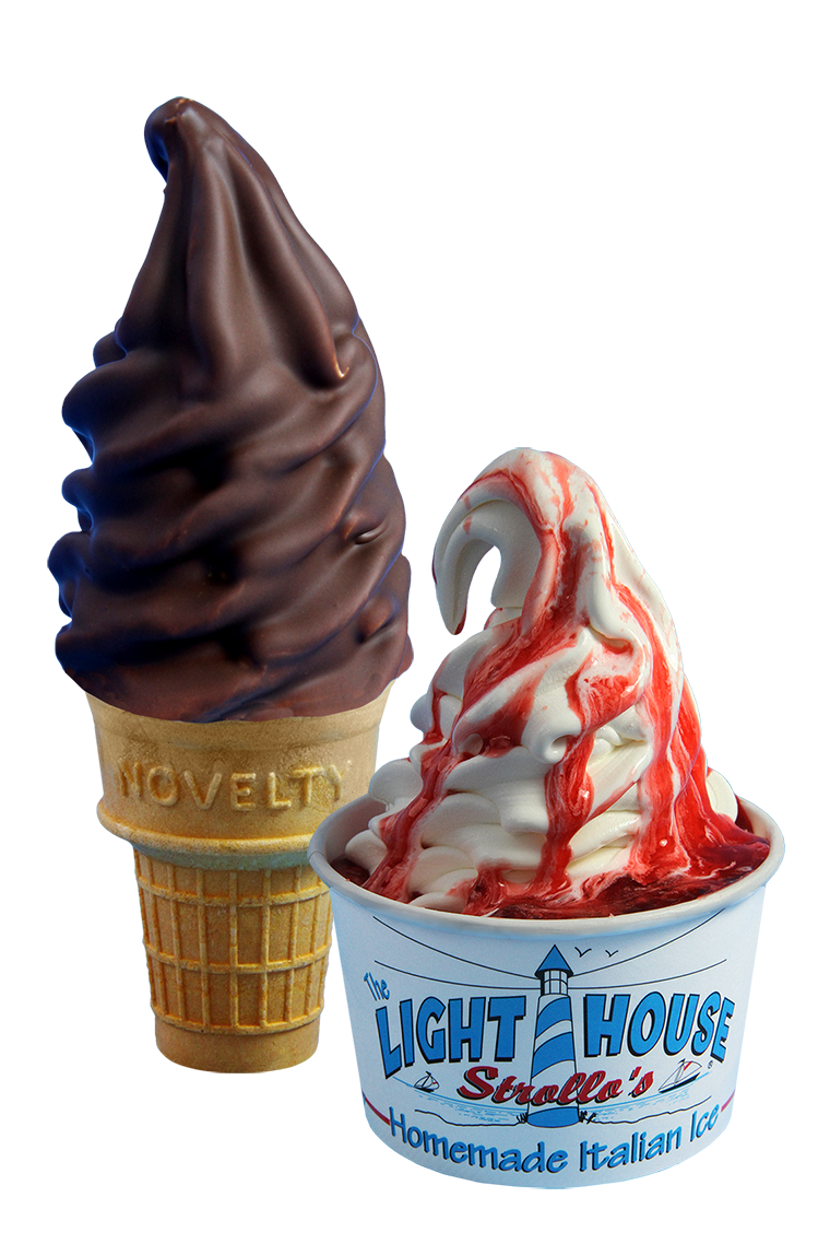 A Strollo's Lighthouse chocolate dipped vanilla soft serve ice cream cone and a vanilla soft serve ice cream cup with strawberry sauce
