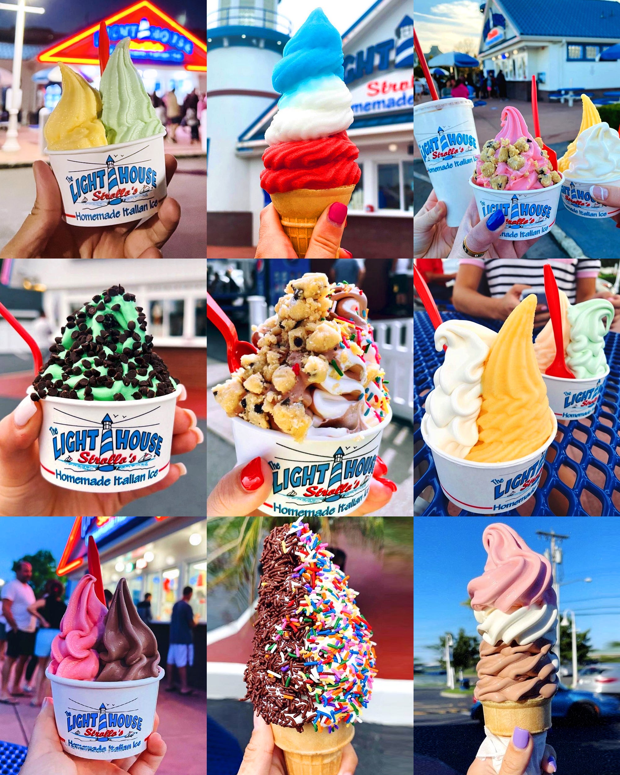 A Strollo's Lighthouse collage of homemade Italian Ice and soft serve ice ream cups and cones